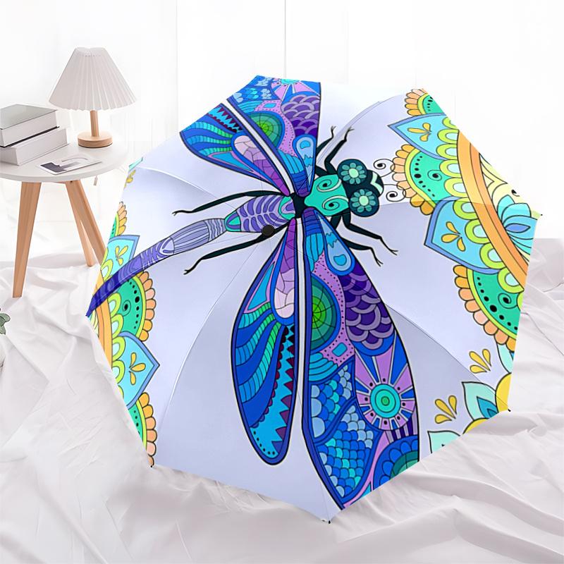 Colorful Dragonfly Mandala Automatic Opening Rain Umbrella with Foldable Design, Outdoor Festival Gift for Fans and Travelers1121217a