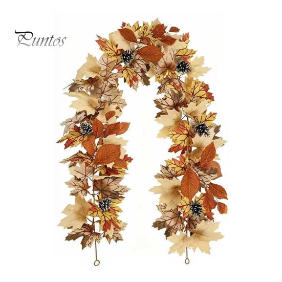 Holiday Gifts for Family Artificial Fall Maple Leaf Wreath, Autumn Vine with Pine Cones Pumpkins, Reusable Realistic Orange Red Leaves Hanging