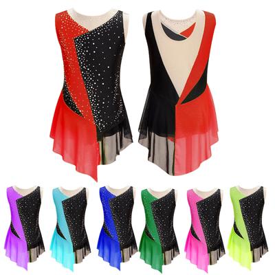 Kinder-Mädchen-Trikot mit glitzernden Strasssteinen, transparentes Mesh-Patchwork, ärmellos, für Tanz, Gymnastik, Eiskunstlauf