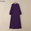 ZANZEA Women Round Neck Long Sleeve Casual Pleated Long Dress