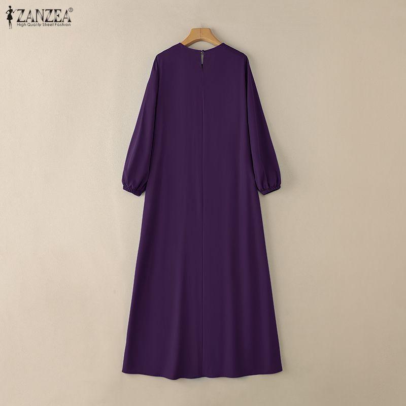 ZANZEA Women Round Neck Long Sleeve Casual Pleated Long Dress