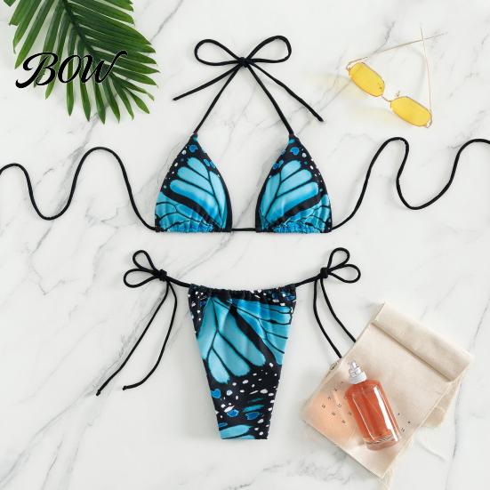 Halter Top Bikini Women Butterfly Print Set, Tie & Side Thong, Beachwear Two Piece Triangle Swimsuit, Sexy Beach Bathing Suit for Summer Breathable