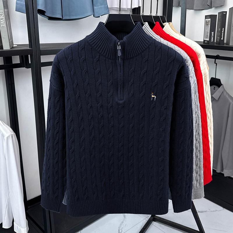 Exquisite Dog Embroid Men's Half Zipper Hoodie Knitwear Winter Old Money Style Thicken Warm Commute Luxury Business Menswear
