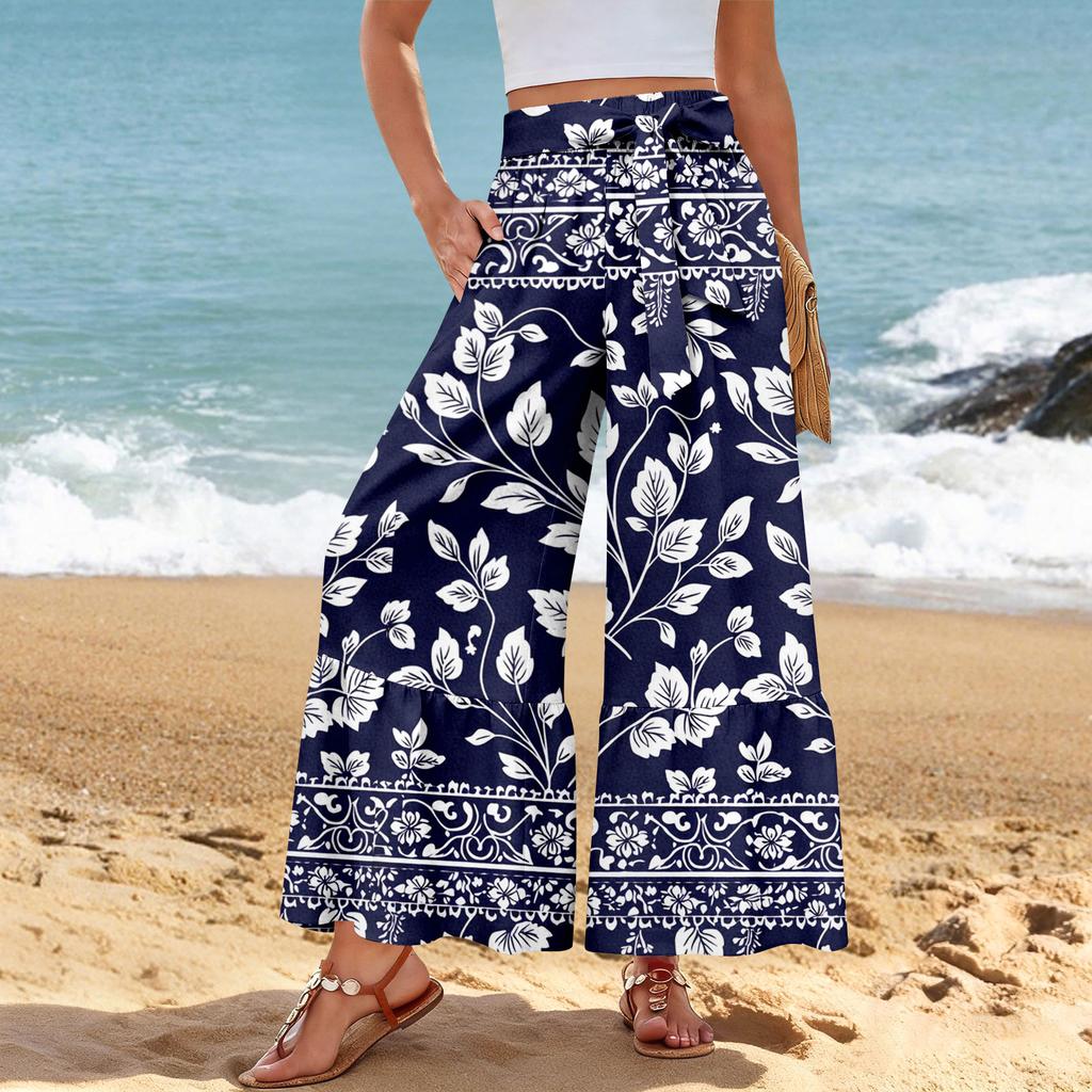 Women's Wide-Leg Casual Pants, Stretch, High Waist, Ruffled Hem, Wide Legs, Belted, And Pockets