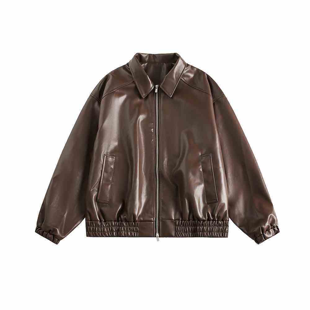 Autumn Winter Vintage Ladies Fashion Zipper Leather Jackets Long Sleeves Pure Colour Outwear Korean Aestheticism Harajuku Coats