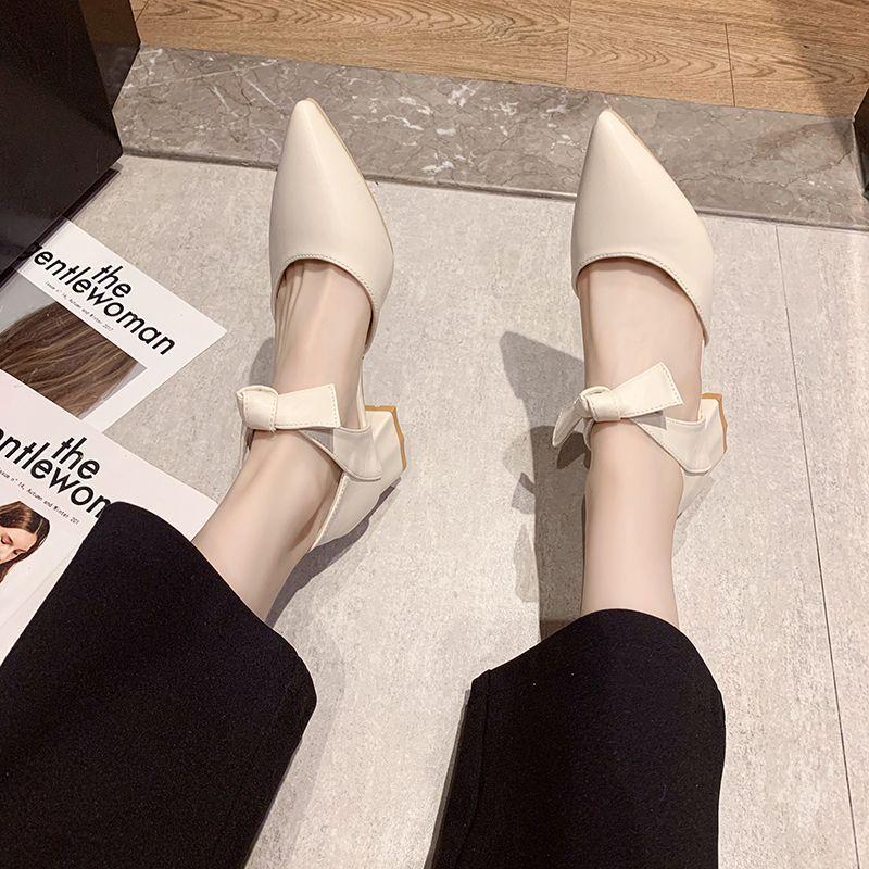 Baotou bow 5cm pointed head hollow high heels women's thick heel 2025 spring and summer new temperament single shoes middle heel