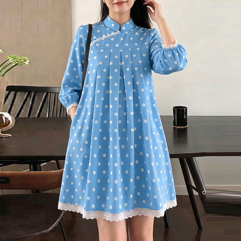 

ZANZEA Women Casual Stand Collar 3/4 Sleeve Summer Polka Dot Print Loose Dress S синий