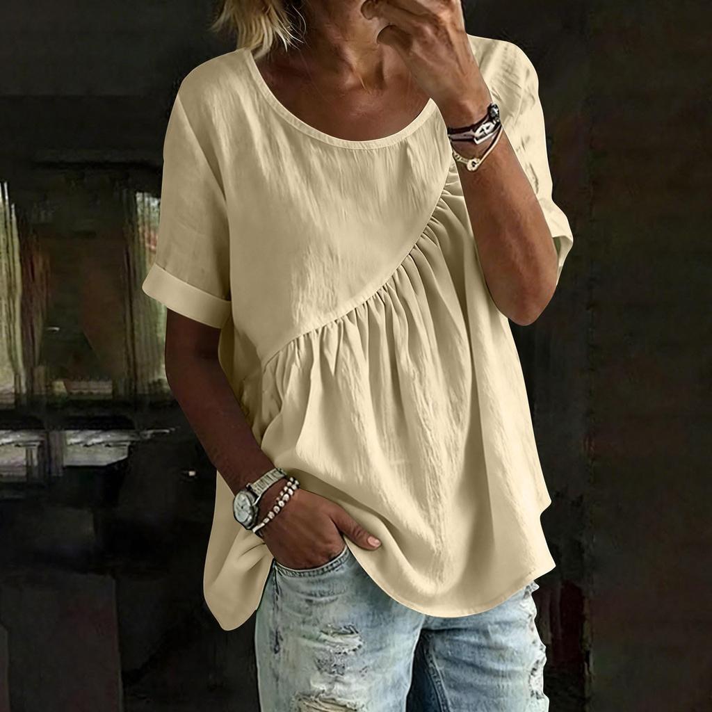 Women's Loose Fit Round Neck Short Sleeve Gathered T-Shirt Casual Summer Top