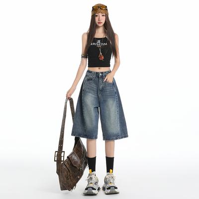 Y2K Street Vintage Tiefer Bund Schräge Tasche Gewaschene Whisker Weites Bein Jorts Bermuda Jeansshorts