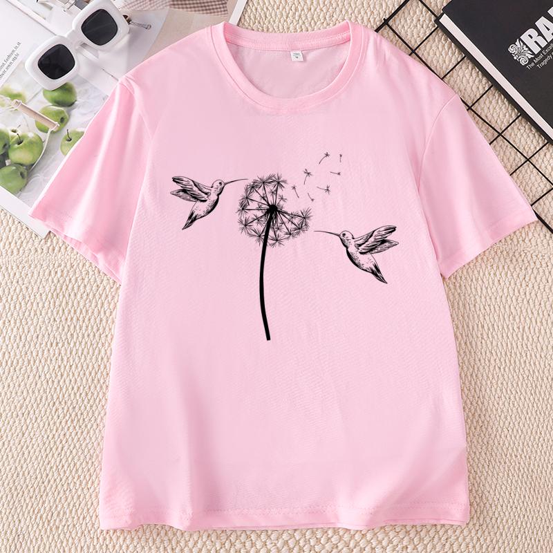 Cute Dandelion Hummingbird TShirt Unisex Ladies Nature Lovers Tee Casual Cotton Short Sleeve Animal Lover Tshirts Clothes