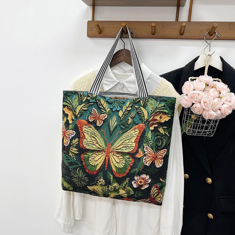 New Jacquard Canvas Bag 3D Three-dimensional Embroidered Flower Butterfly Large-capacity Shoulder Bag Women's Bag Portable Shopping