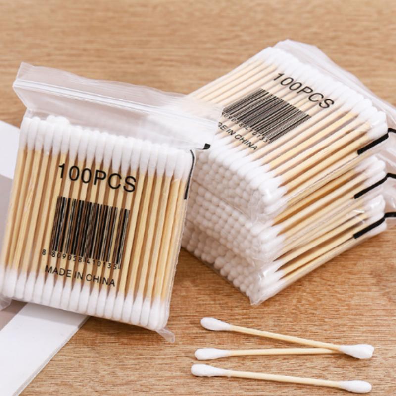 Double-ended 100-piece cotton swab, wooden stick, makeup cotton swab, cotton ear cleaner, makeup remover cotton swab, pointed tip