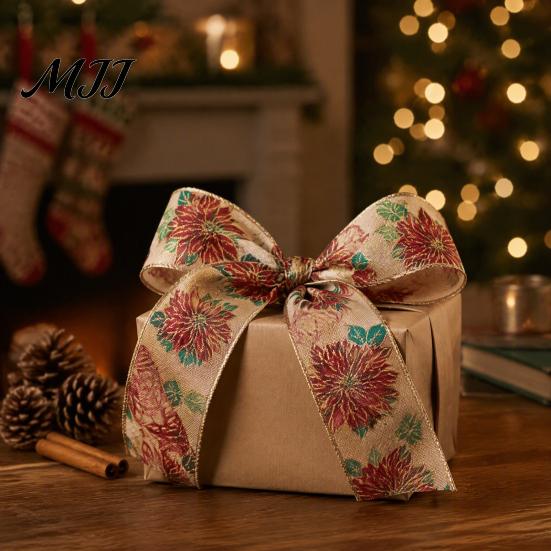 Linen Ribbon for Gift Wrapping 1 Roll Burlap Christmas Tree Decor, Vintage Patterned Bows Imitation Wired Fabric DIY Crafts And Wreaths, Holiday Craft