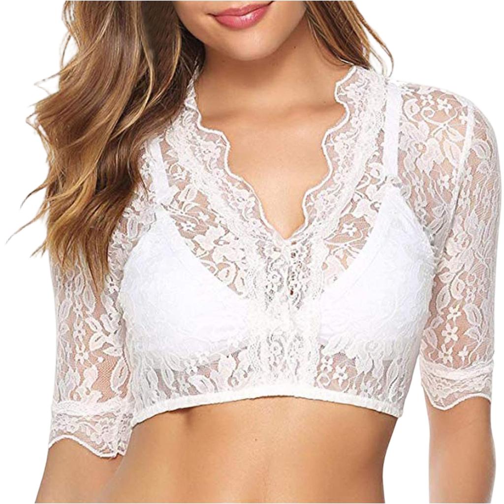 Women's Lace Crop Top Sheer Mesh Blouse Half Sleeve See Through Shirt Festival Wear Soft Fabric Lightweight Design