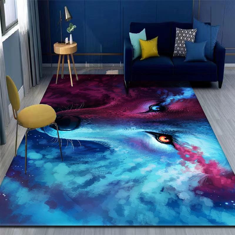 Wolf Pattern Rug Purple Blue Howling Wolves Design Dark Background Mysterious Art Carpet for Modern Living Room Decor