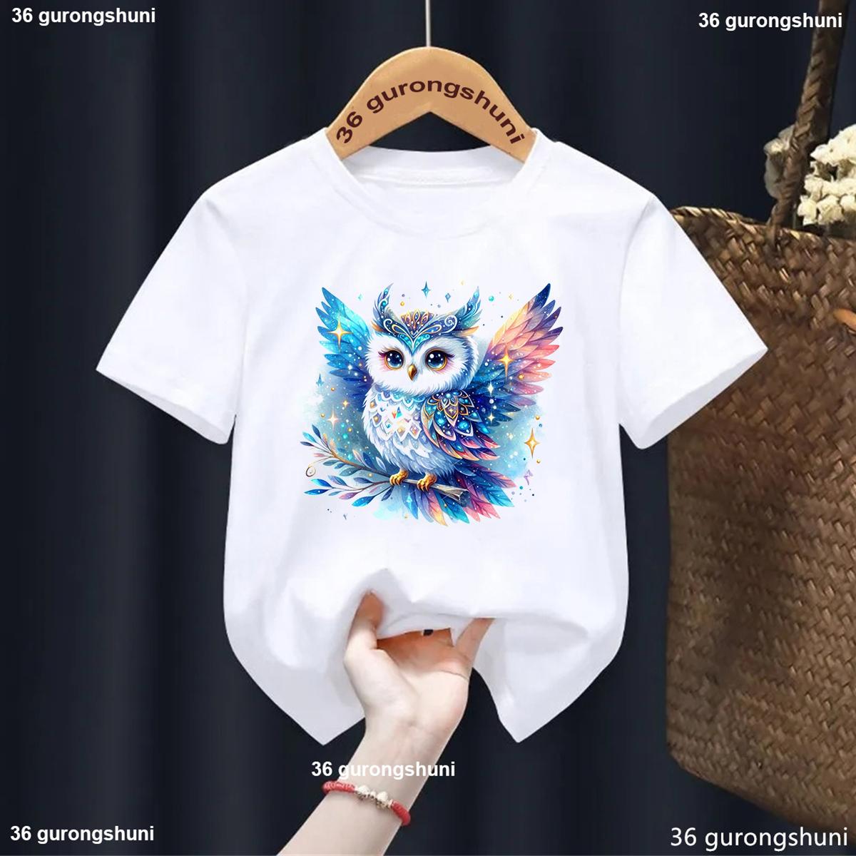 Sparkling Owl Animal Print Girls T Shirt Fashion Kawaii Kids TShirt Summer Girls Clothes Owl Artwork Print Tshirt Boys Blue Top 100