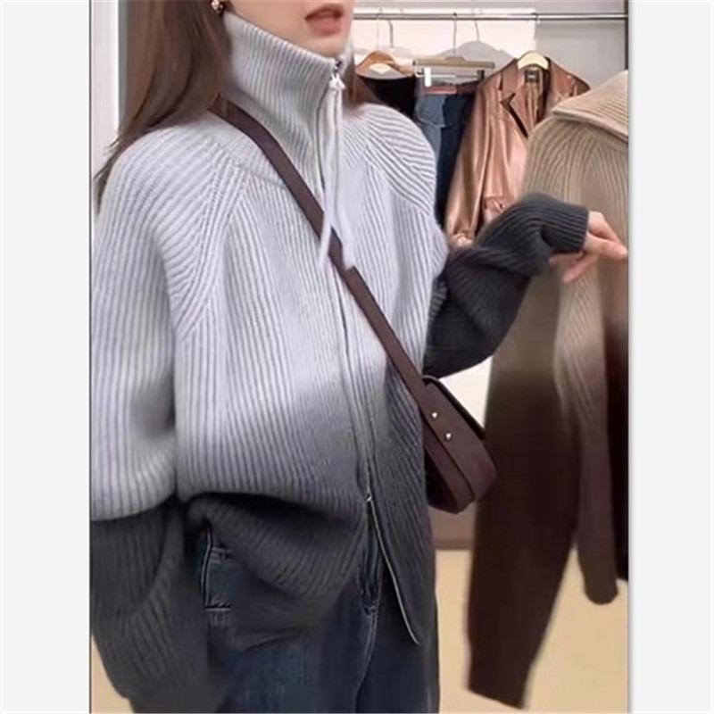 Gradual change of color Soft waxy knitted zipper shirt 2025 autumn new sweater jacket women's long-sleeved niche design cardigan