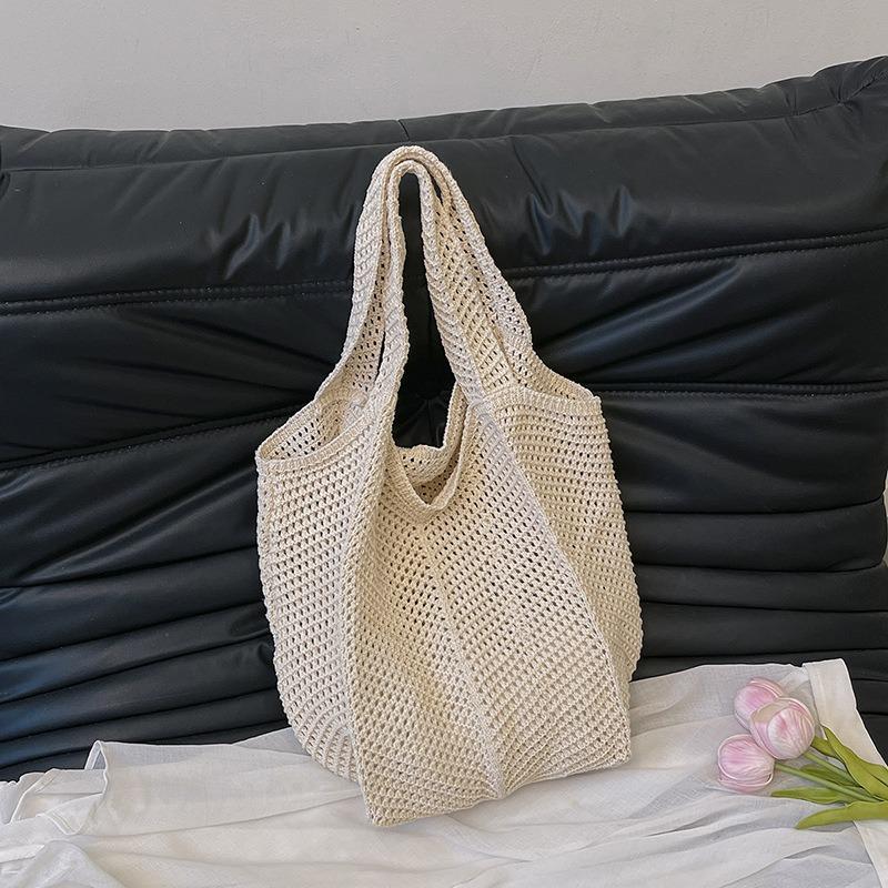 New summer vacation style solid color shoulder bag woven tote bag large capacity portable underarm bag beach bag