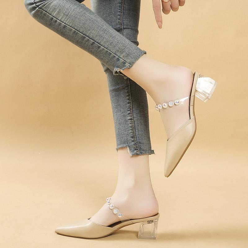 Fashion 2025 New Crystals Mules Outside Shoes White Transparent Women's Slippers and Ladies Sandals Heeled Pointed Toe Job Slides