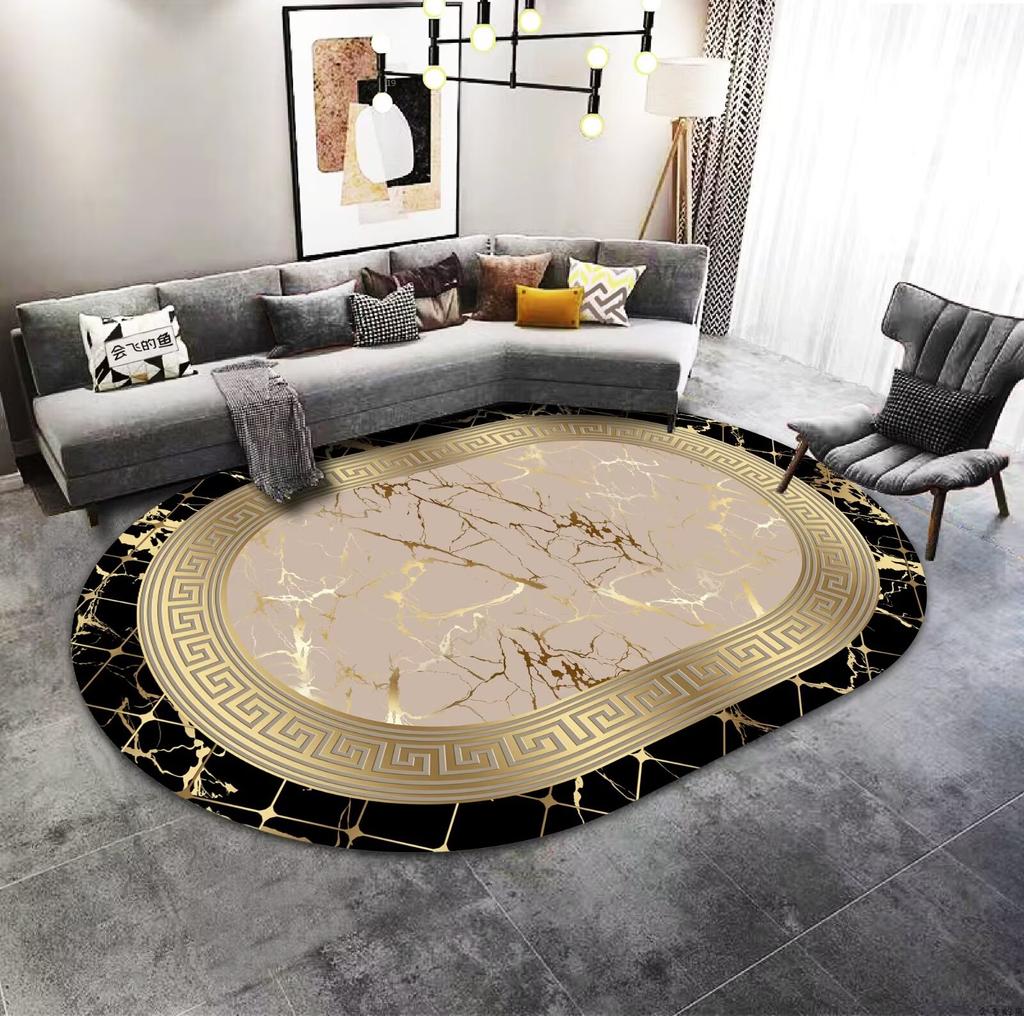 Zlatá Luxusní Dekorace Domova Oválný Koberec Špičkový Velký Plošný Koberec Pod Pohovku do Obývacího Pokoje Koberec pro Dekoraci Ložnice Hotelová Hala Protiskluzová Podložka na Nohy