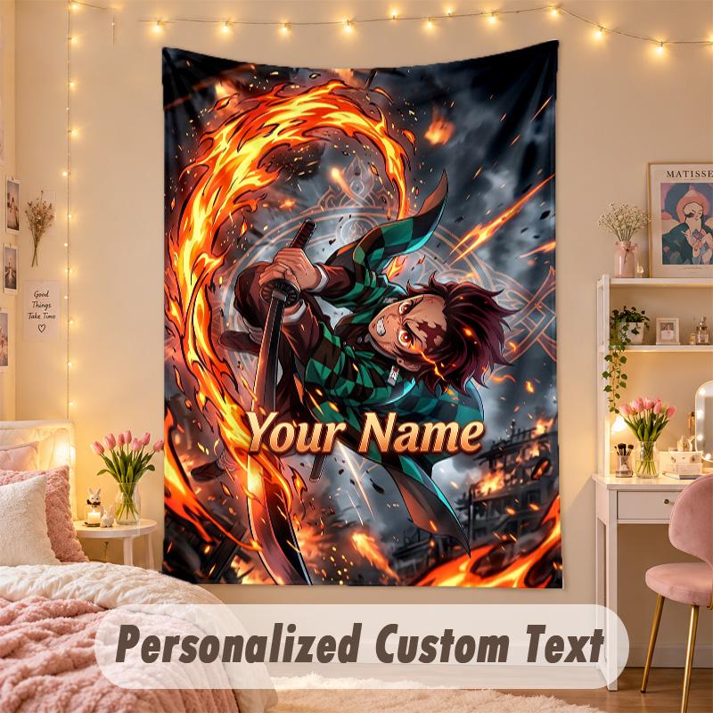 Custom Personalized Tapestry,Demon Slayer Print Custom Name Text Wall Art Hanging for Bedroom