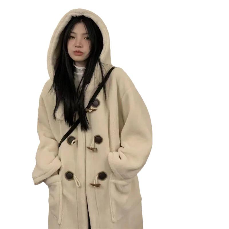 Horn Button Women's Lamb Wool Long Coat - College Style, Warm & Slim, Hooded, for Autumn/Winter 2023