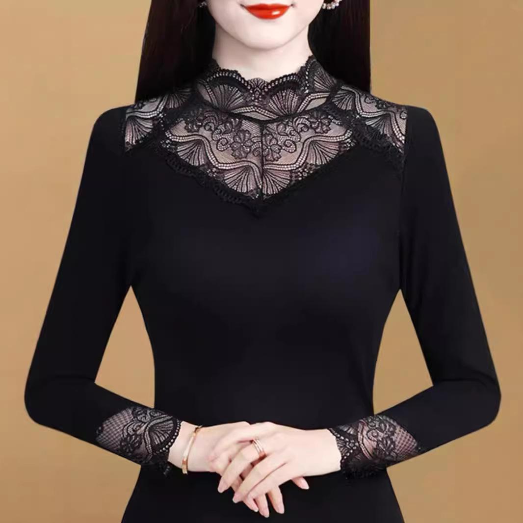 

Кружевной топ с длинными рукавами и высоким воротником, новая осенне-зимняя мода, большой размер, черный с бархатной подкладкой. M чёрный