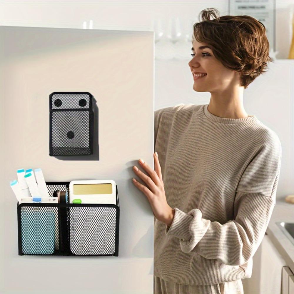 Magnetic Metal Storage Organizer with Hooks - Easy Install, Rust-Proof Wall-Mounted Pen Holder for Home & Office