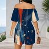 Women Plus Size Off Shoulder Short Sleeve Romper Abstract Geometric Graffiti Print Casual Jumpsuit Shorts