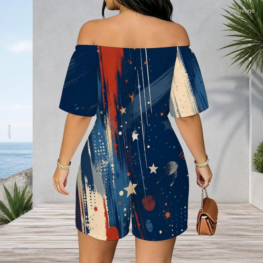 Women Plus Size Off Shoulder Short Sleeve Romper Abstract Geometric Graffiti Print Casual Jumpsuit Shorts