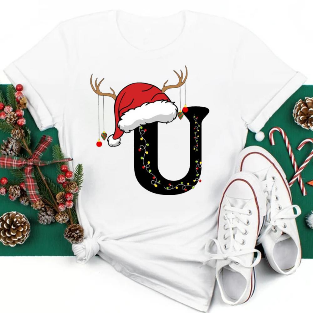 Christmas Hat A To Z Letters Tshirt Christmas Family Activity Sleeved Streetwear Harajuku Short Sleeve Casual Aesthetic Clothes