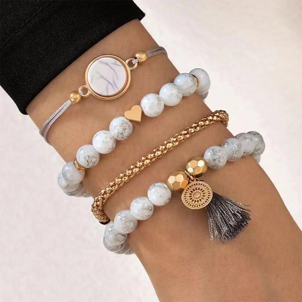 4 Piece Set Women Creative Turquoise Tassel Round Stone Bracelets Fashionable Trendy Style High End Feel Bracelet Accessories