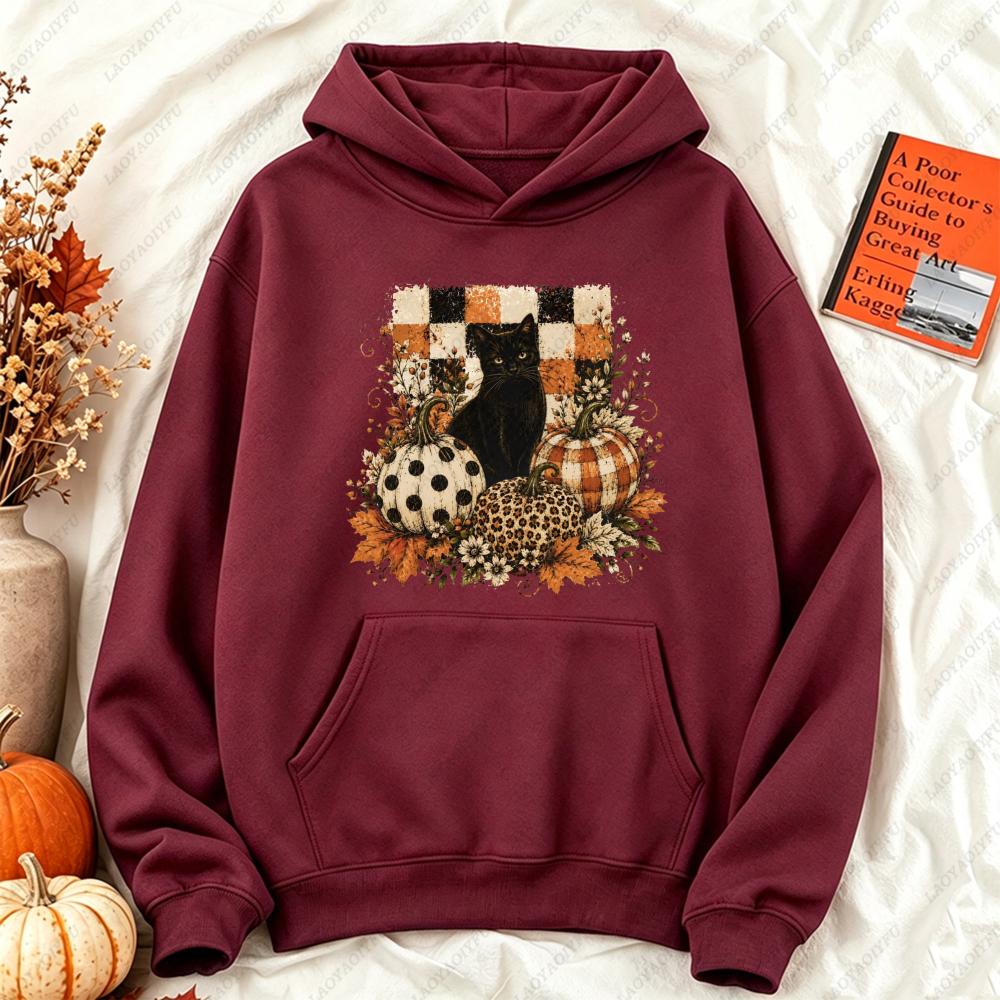 Black Cat Pumpkin Fall Checkered Graphic Hoodie Women Casual Long Sleeve Pullover Vintage Halloween Autumn Holiday Gift Top