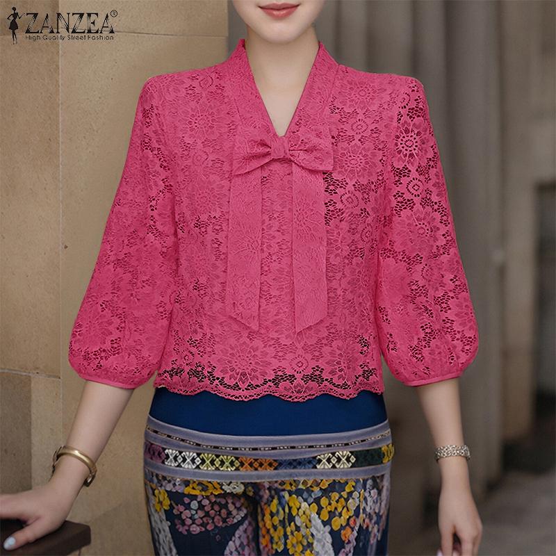 ZANZEA Bluză casual de damă cu decolteu în V, mâneci 3/4 și dantelă patchwork