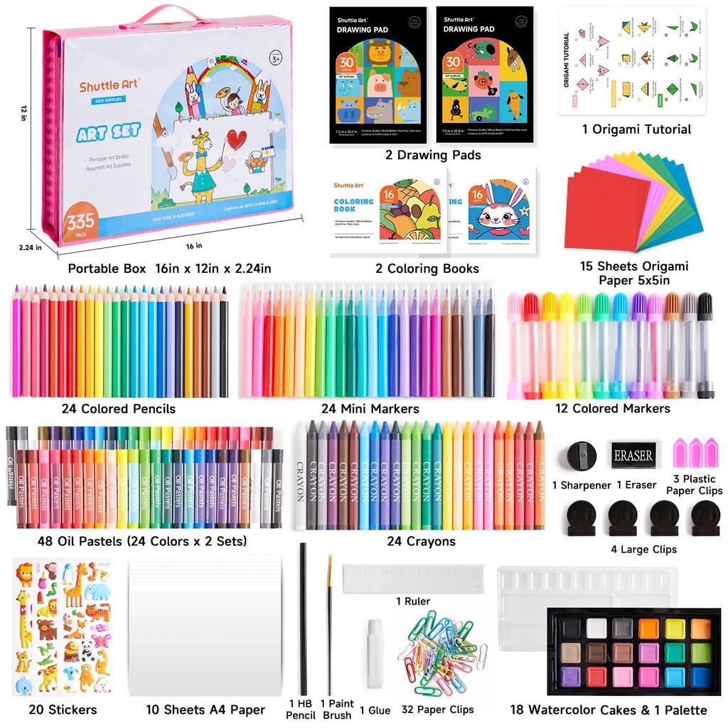 Shuttle Art Art Set with Colored Solid Coloring Watercolor Pencil and Includes a Portable Storage A Great Gift for Elementary School and 335-Piece