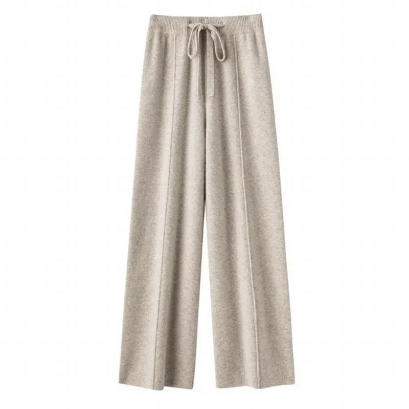 Women's High-Waisted Wide-Leg Wool Pants - Casual, Floor-Length, Straight-Leg, Autumn/Winter, Versatile Knit for a Longer Leg Look