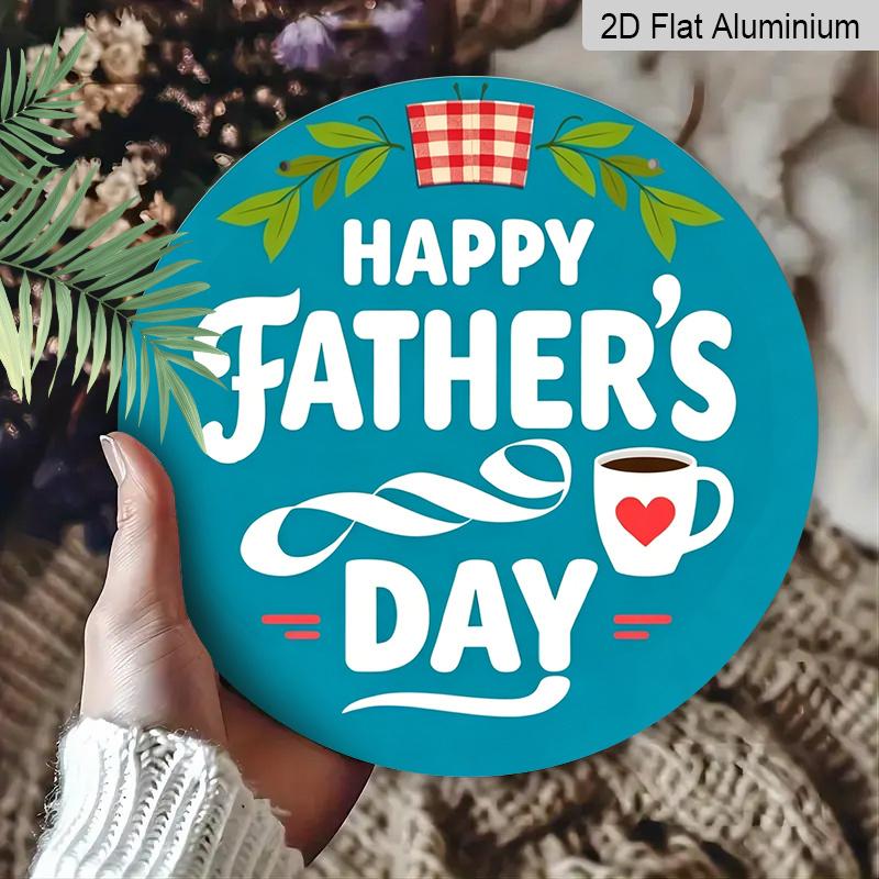 2D Flat, 1pc Round Aluminum "Happy Father's Day" Wall Decor, Retro Coffee & Plaid Pattern Metal Plaque, Waterproof & Rustproof, Perfect for Father's