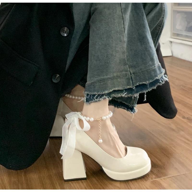 Fashion New Lolita Shoes Women Japanese Mary Jane Heeled Shoes Women Retro Pearl Bow Ankle Strap High Heel Platform Shoe Chaussure Femme