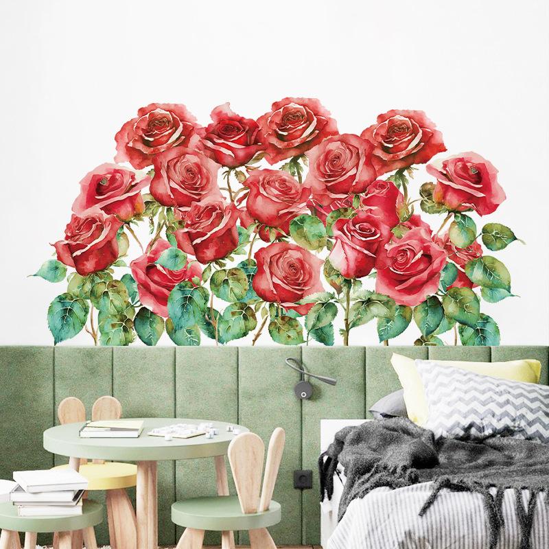 Romantic Red Roses and Green Plants Wall Sticker for Valentine Day Home Decor Bedroom Hallway Entrance