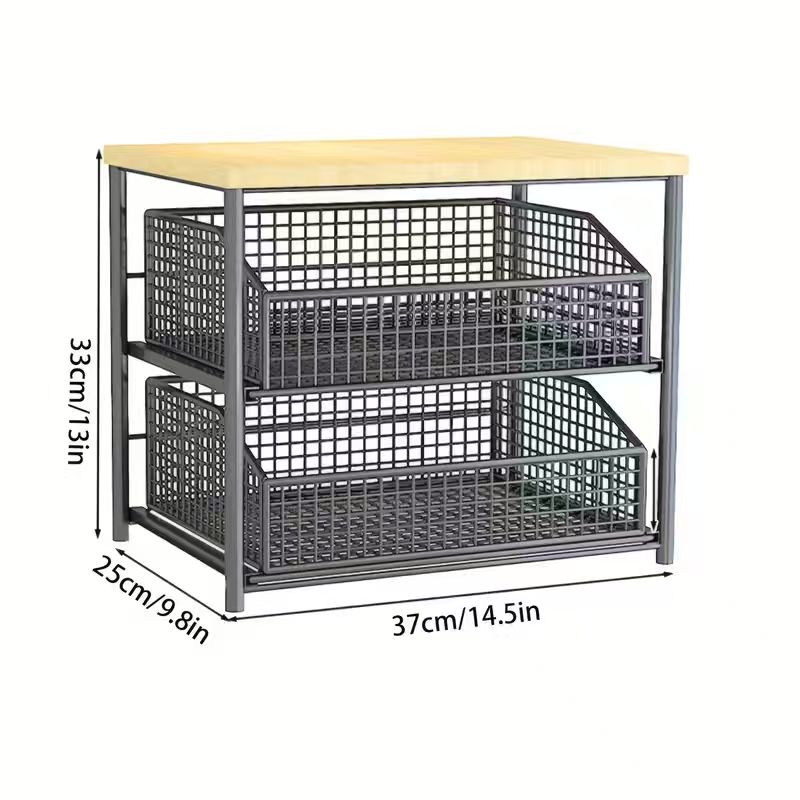1pc Space-Saving Kitchen Countertop Organizer with Drawer and Metal Basket - Sturdy Solid Wood and Metal Multi-Layer Storage