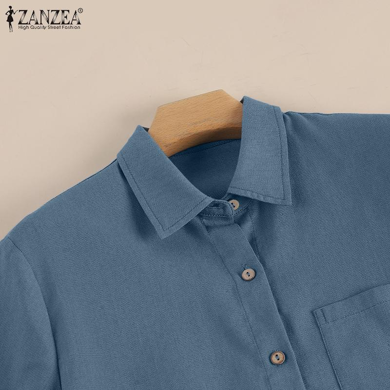 ZANZEA Damen Kurzarm Revers Einfarbig Denim Midi Kleider