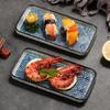 Japanese Style Ceramic Rectangular Sushi Plate, Sea Wave Pattern, Set of 2
