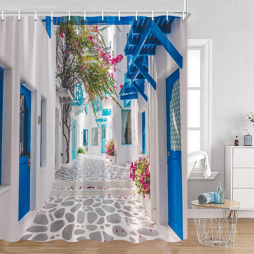 Greek Town Shower Curtain Greek Street View Sea View Blue Door Greece Scenery Bathroom Curtain Flower Plant Bath Decor with Hook