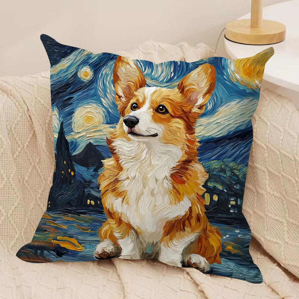 Cartoon Sternenhimmel Hund Kissenbezug Seidiger Kurzer Plüsch Doppelseitig Bedruckter Kissenbezug für Sofa Alle Jahreszeiten Heimdekoration Geschenk