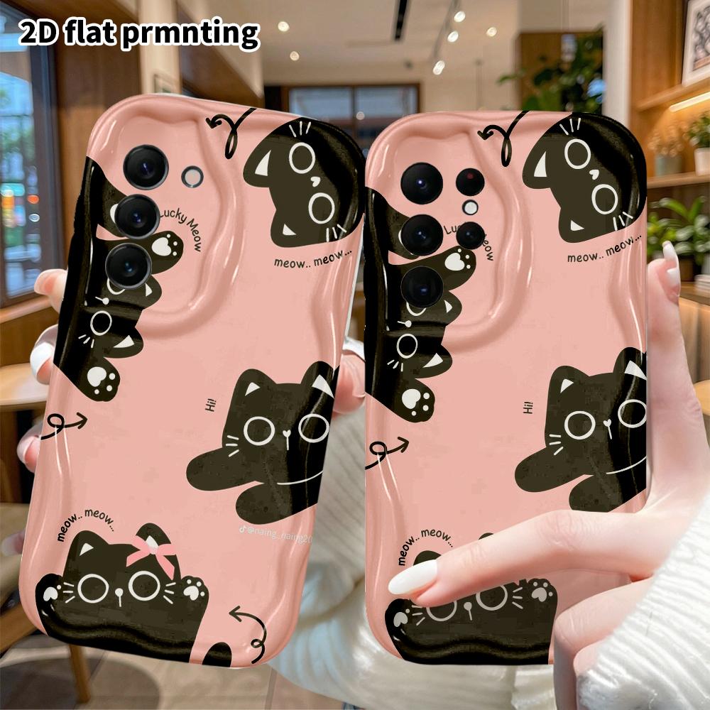 Phone Case: 2D Flat Samsung Galaxy A34 A35 S20 S22 S21 FE Plus Ultra Protective Case, Pink Background with Black Cat, Christmas and Halloween Gift