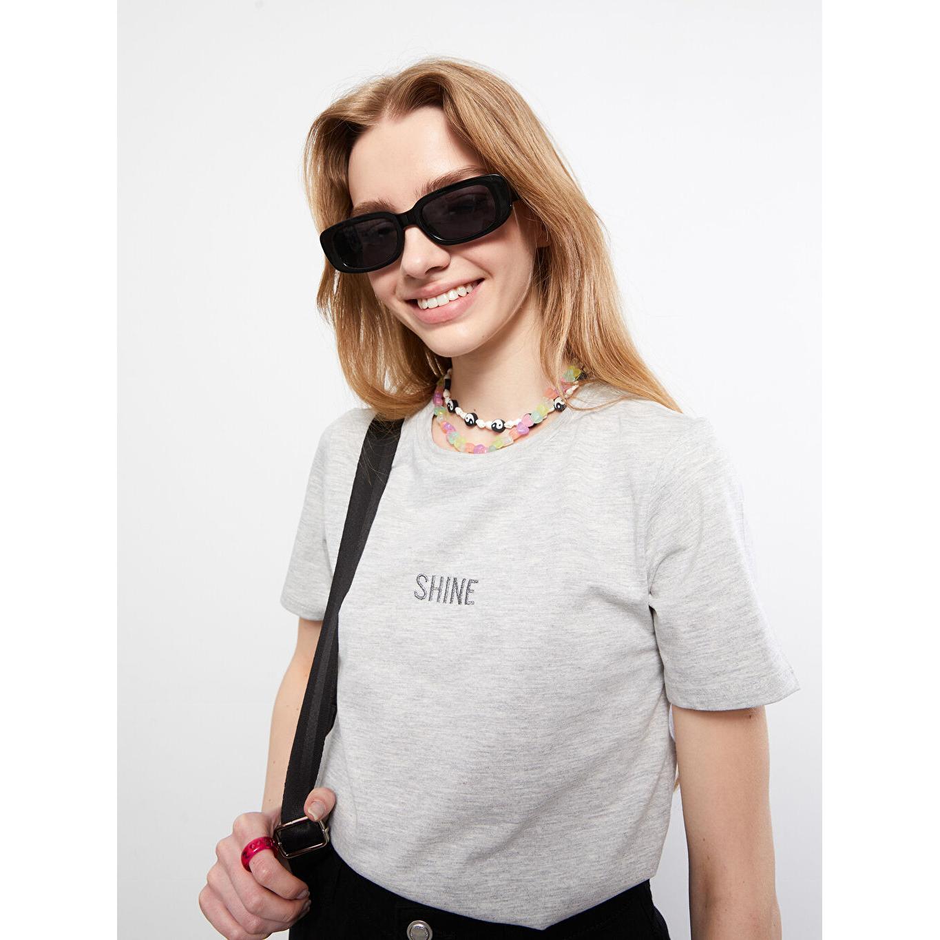 

LCW CASUAL Женская футболка с круглым вырезом и вышивкой с коротким рукавом, серая