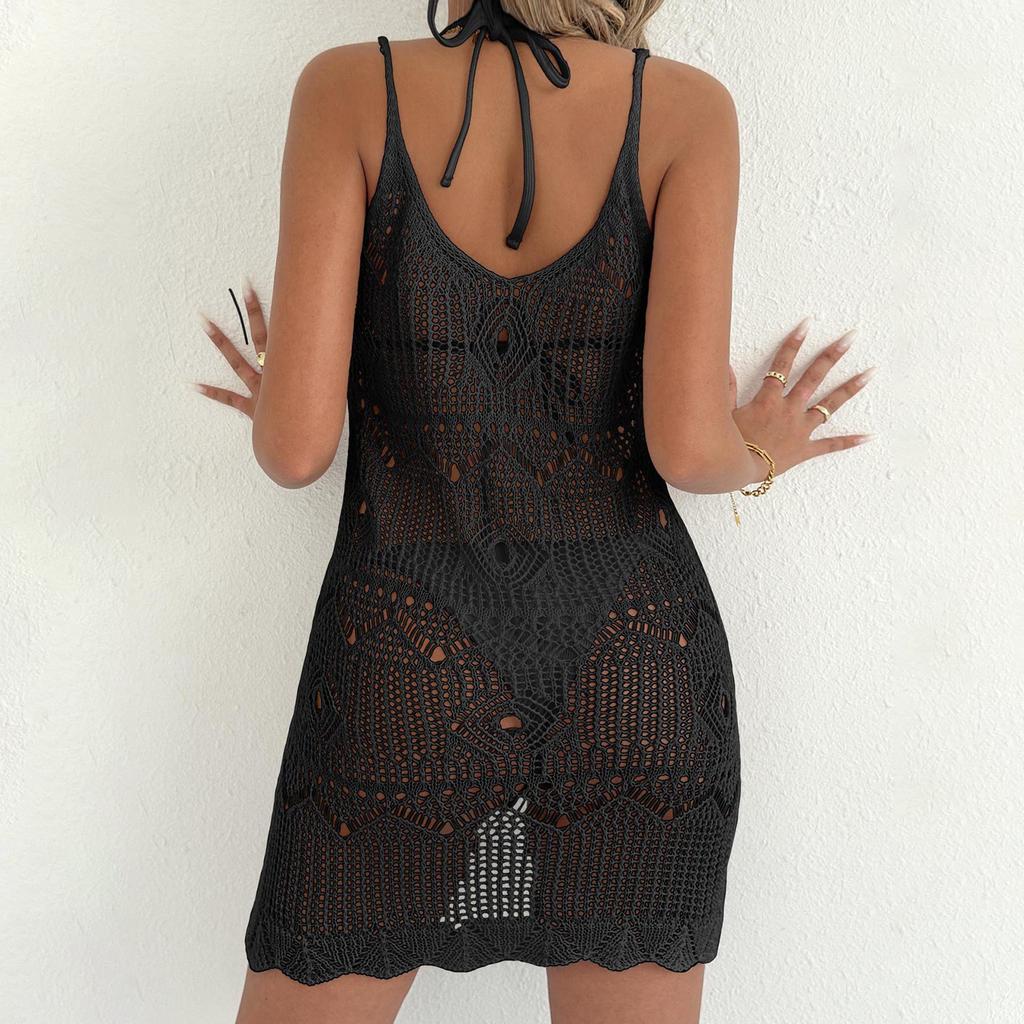 Women Summer Casual Loose Beach Cover Up Dress Hollow Knit Split Hem Sleeveless Crochet Swimwear Cover Up Dress for Beach Pool