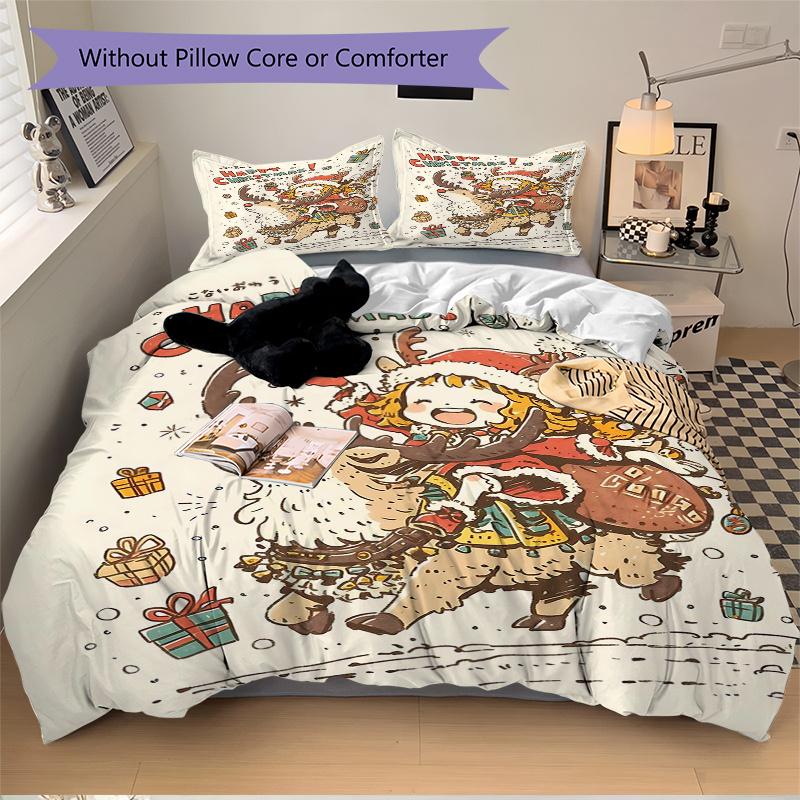 3pcs Happy Christmas Adventure Quilt Cover Set - Soft & Comfortable Polyester Fabric, All-Season Breathable Comforter Set For 1 Quilt Cover & 2 P