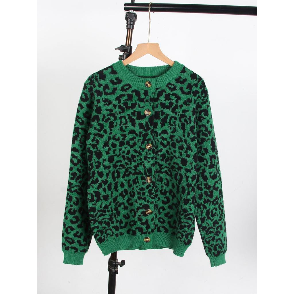 Women's Crew Neck Long Sleeve Leopard Print Knit Cardigan Loose Fit Casual Knitwear