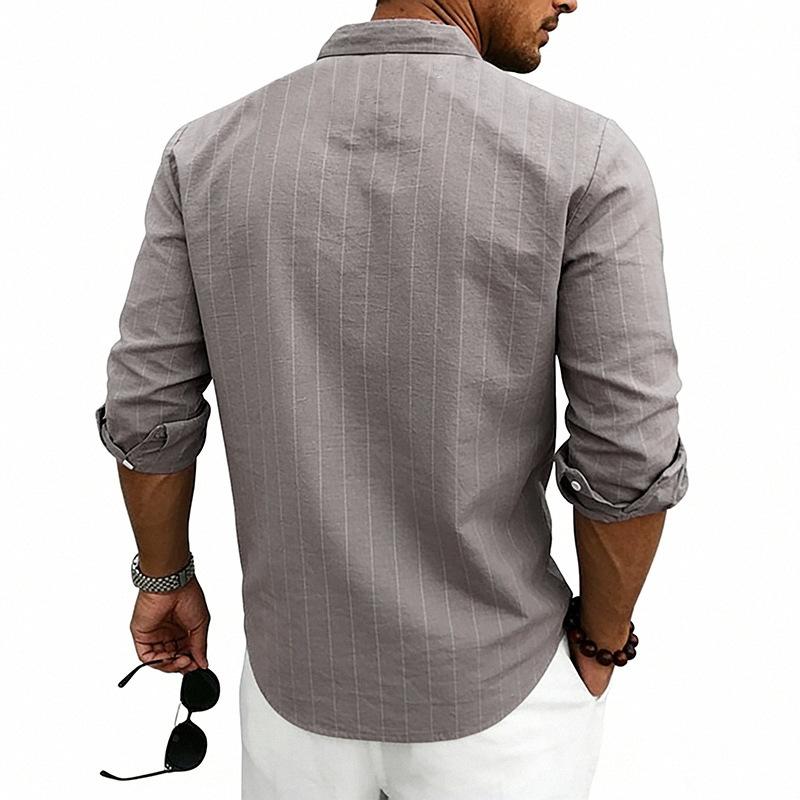 Mens Striped Linen Blend Stand Collar Long Sleeve Casual Shirt With Pockets